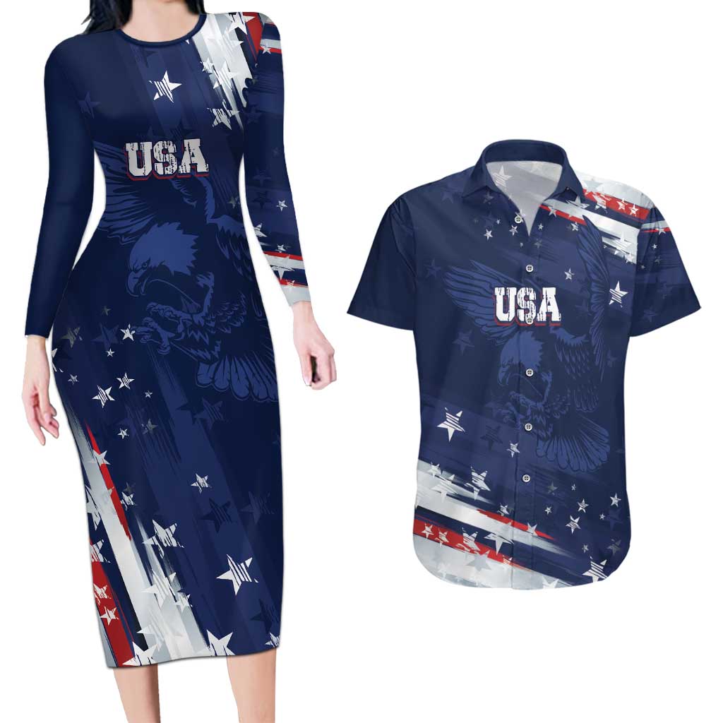 Personalized Fourth Of July USA Couples Matching Long Sleeve Bodycon Dress and Hawaiian Shirt The Stars and Eagle