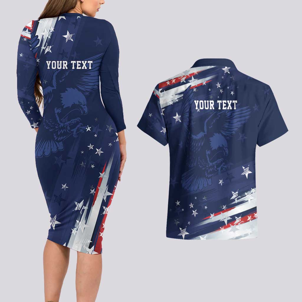 Personalized Fourth Of July USA Couples Matching Long Sleeve Bodycon Dress and Hawaiian Shirt The Stars and Eagle