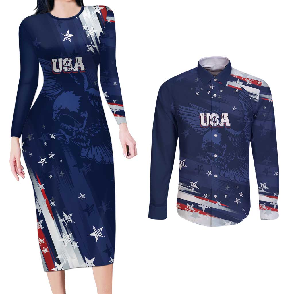 Personalized Fourth Of July USA Couples Matching Long Sleeve Bodycon Dress and Long Sleeve Button Shirt The Stars and Eagle