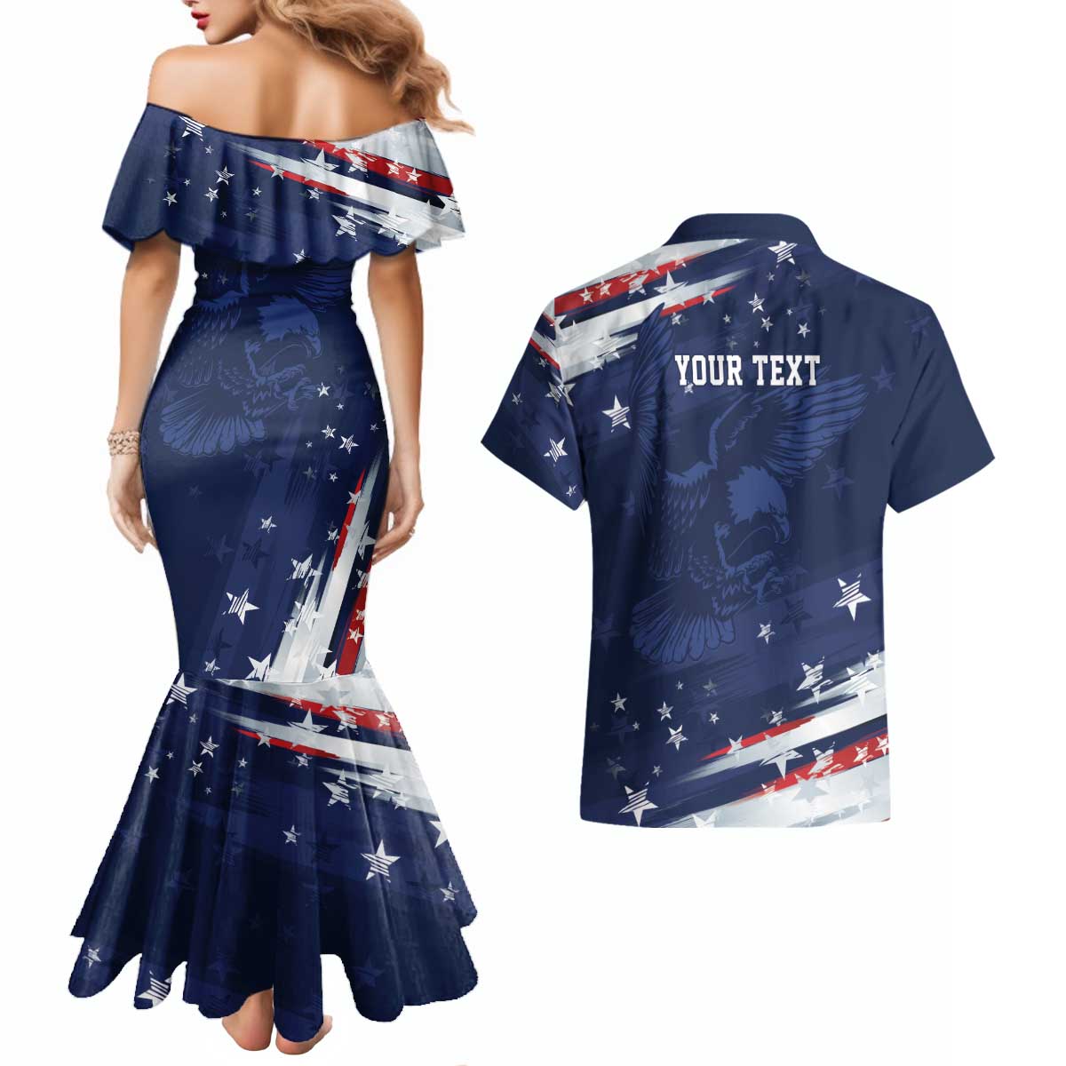 Personalized Fourth Of July USA Couples Matching Mermaid Dress and Hawaiian Shirt The Stars and Eagle