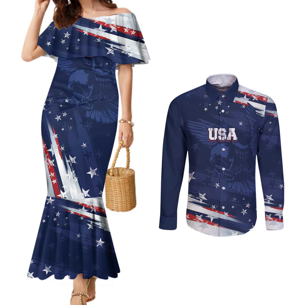 Personalized Fourth Of July USA Couples Matching Mermaid Dress and Long Sleeve Button Shirt The Stars and Eagle