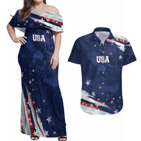 Personalized Fourth Of July USA Couples Matching Off Shoulder Maxi Dress and Hawaiian Shirt The Stars and Eagle