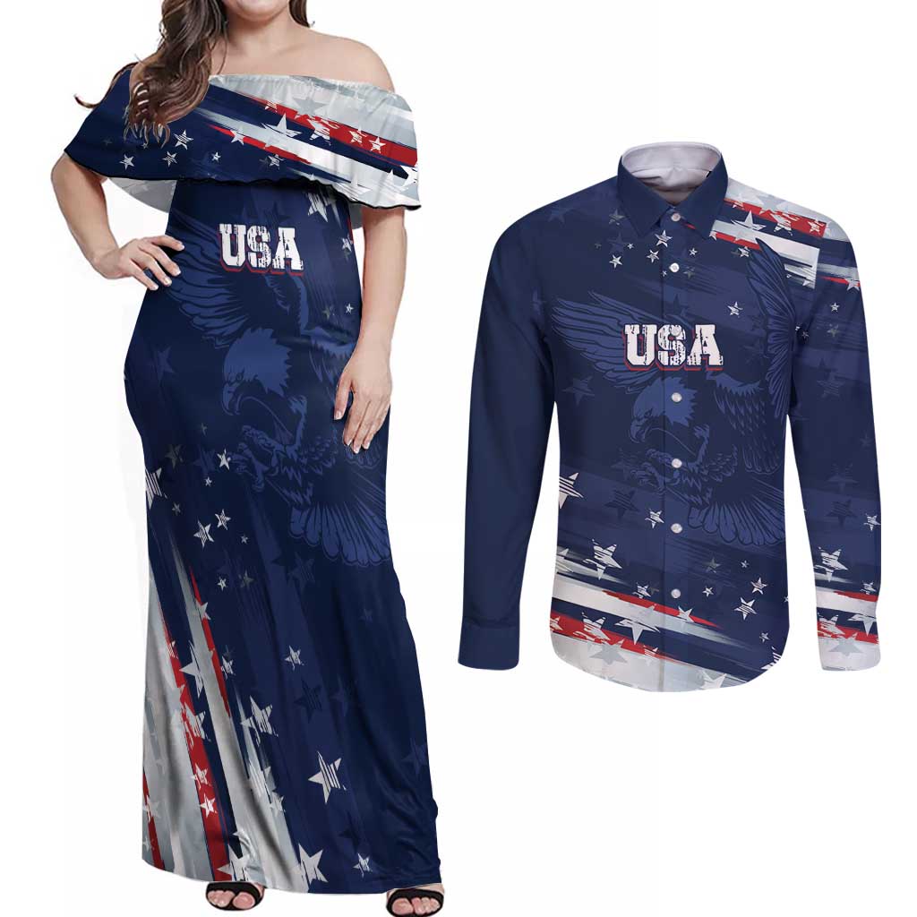 Personalized Fourth Of July USA Couples Matching Off Shoulder Maxi Dress and Long Sleeve Button Shirt The Stars and Eagle