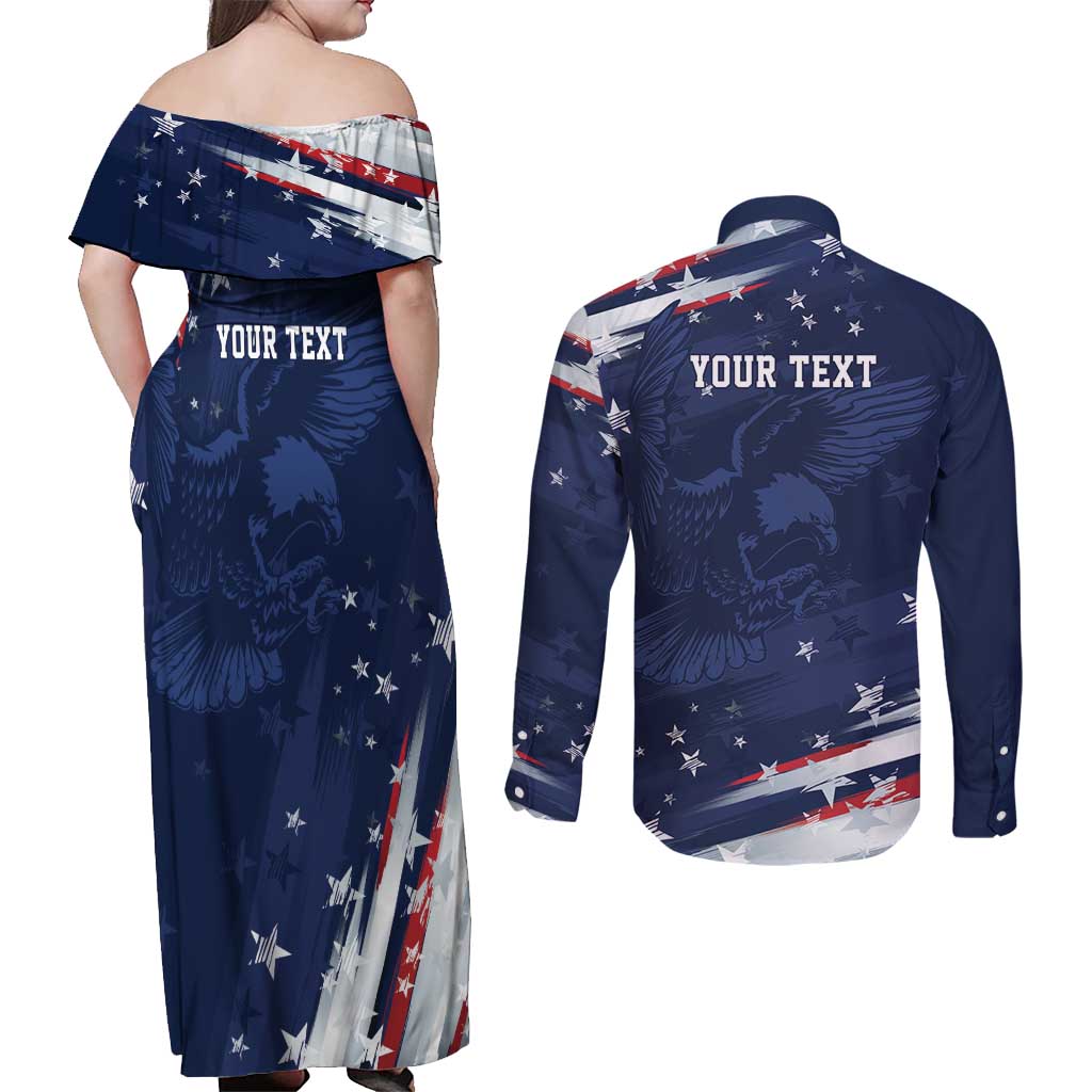Personalized Fourth Of July USA Couples Matching Off Shoulder Maxi Dress and Long Sleeve Button Shirt The Stars and Eagle
