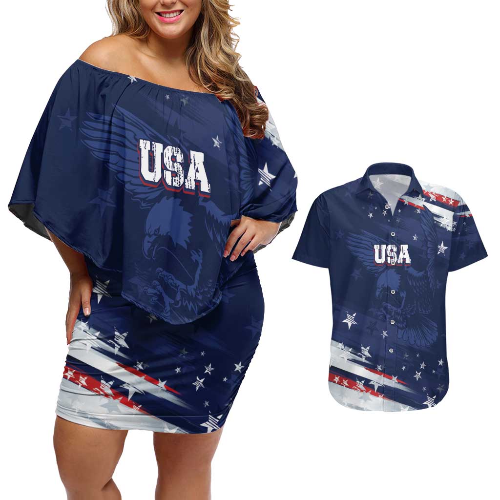 Personalized Fourth Of July USA Couples Matching Off Shoulder Short Dress and Hawaiian Shirt The Stars and Eagle