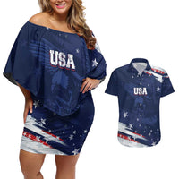 Personalized Fourth Of July USA Couples Matching Off Shoulder Short Dress and Hawaiian Shirt The Stars and Eagle