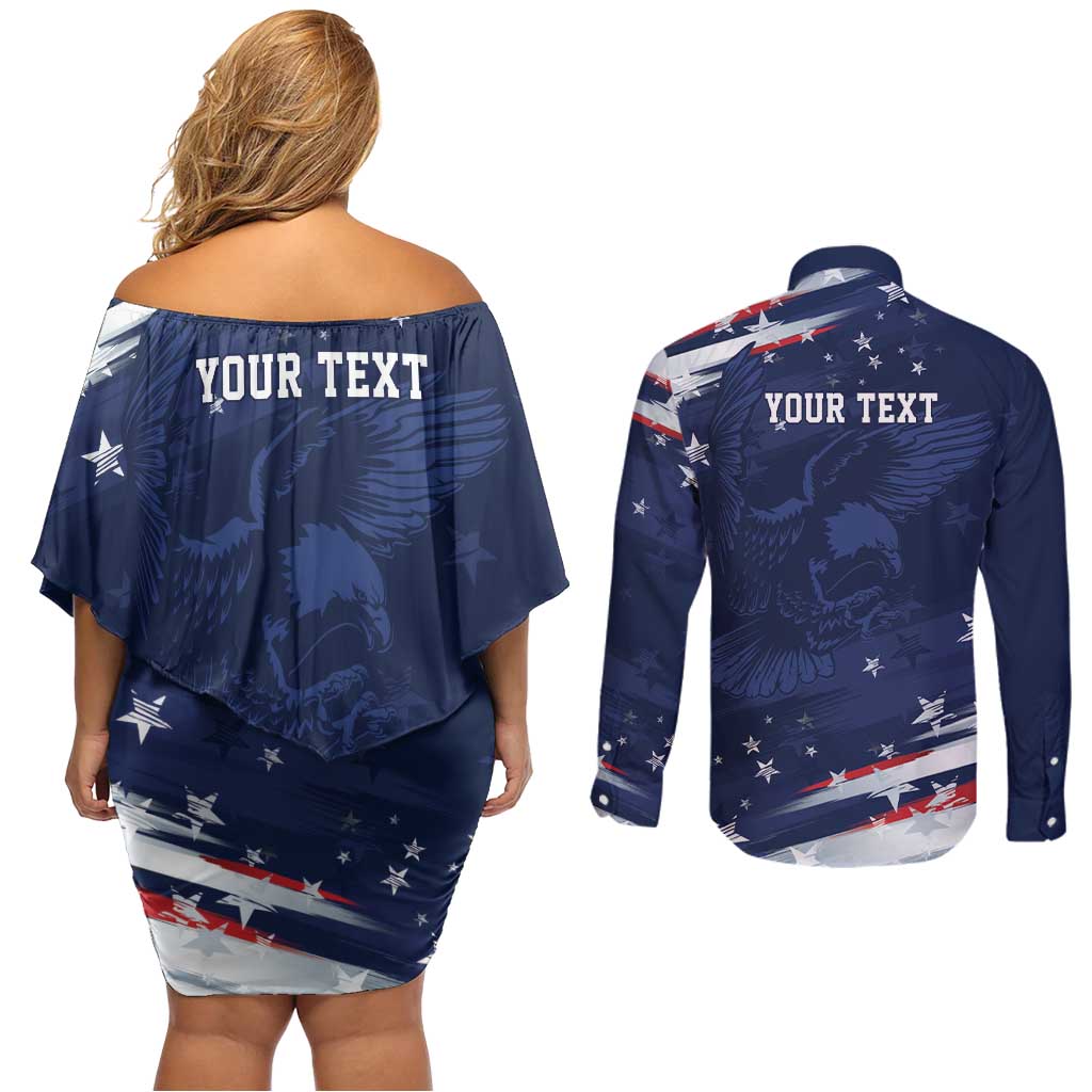 Personalized Fourth Of July USA Couples Matching Off Shoulder Short Dress and Long Sleeve Button Shirt The Stars and Eagle