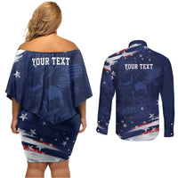 Personalized Fourth Of July USA Couples Matching Off Shoulder Short Dress and Long Sleeve Button Shirt The Stars and Eagle