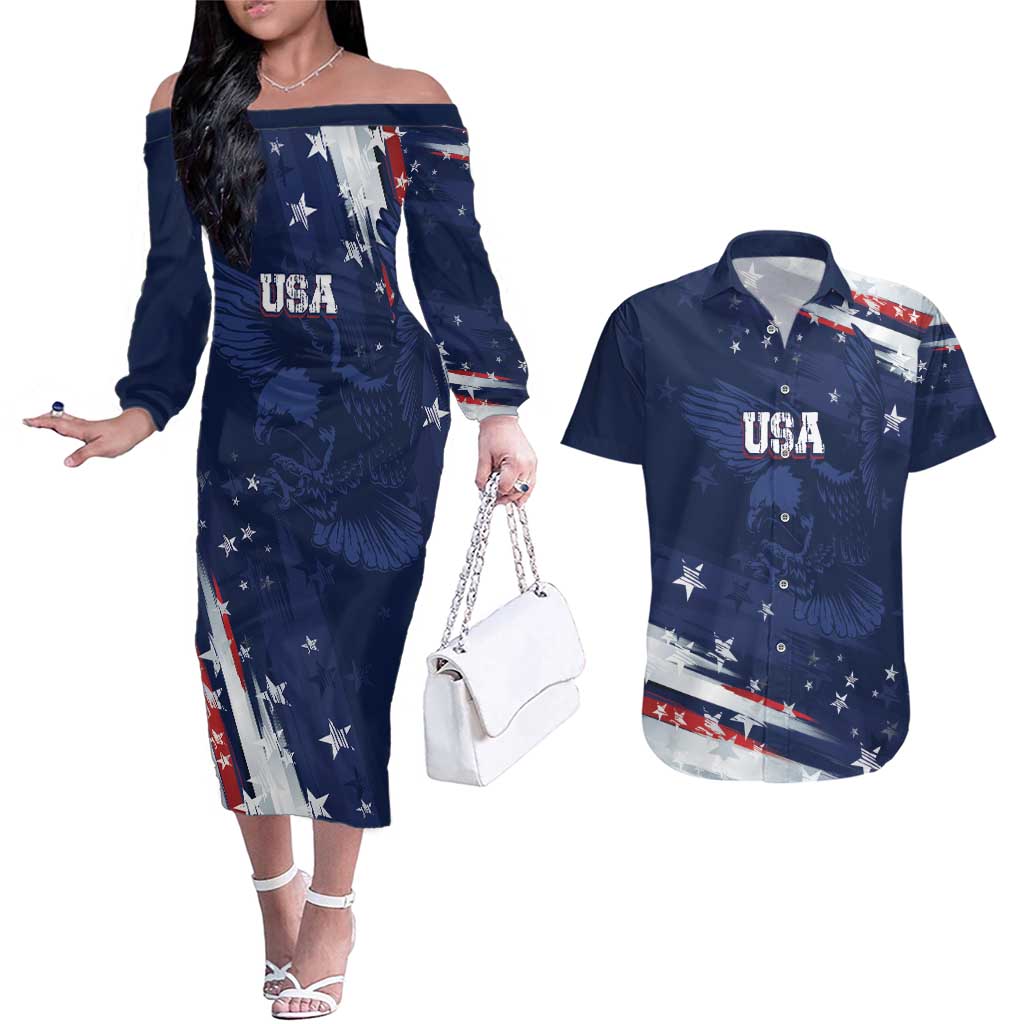 Personalized Fourth Of July USA Couples Matching Off The Shoulder Long Sleeve Dress and Hawaiian Shirt The Stars and Eagle