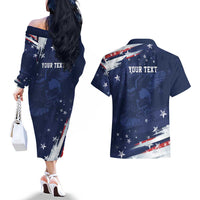 Personalized Fourth Of July USA Couples Matching Off The Shoulder Long Sleeve Dress and Hawaiian Shirt The Stars and Eagle