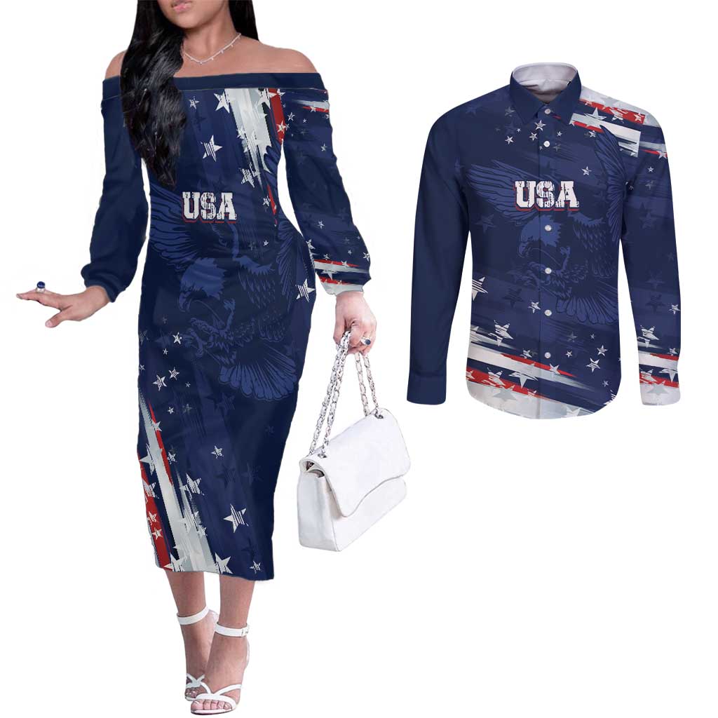 Personalized Fourth Of July USA Couples Matching Off The Shoulder Long Sleeve Dress and Long Sleeve Button Shirt The Stars and Eagle