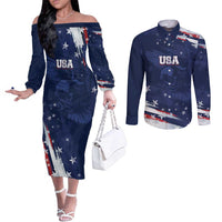 Personalized Fourth Of July USA Couples Matching Off The Shoulder Long Sleeve Dress and Long Sleeve Button Shirt The Stars and Eagle