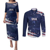 Personalized Fourth Of July USA Couples Matching Puletasi and Long Sleeve Button Shirt The Stars and Eagle
