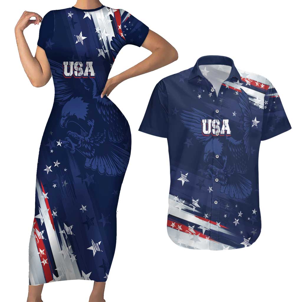 Personalized Fourth Of July USA Couples Matching Short Sleeve Bodycon Dress and Hawaiian Shirt The Stars and Eagle