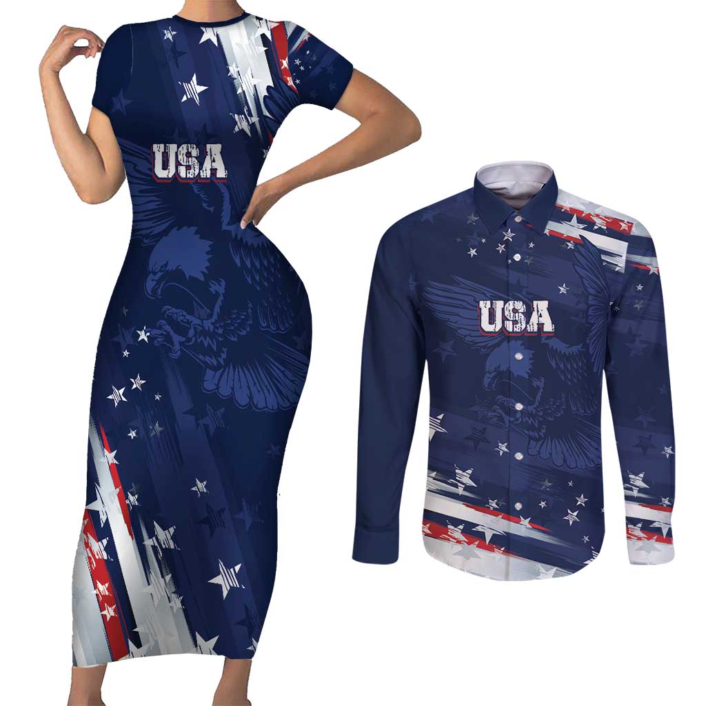 Personalized Fourth Of July USA Couples Matching Short Sleeve Bodycon Dress and Long Sleeve Button Shirt The Stars and Eagle