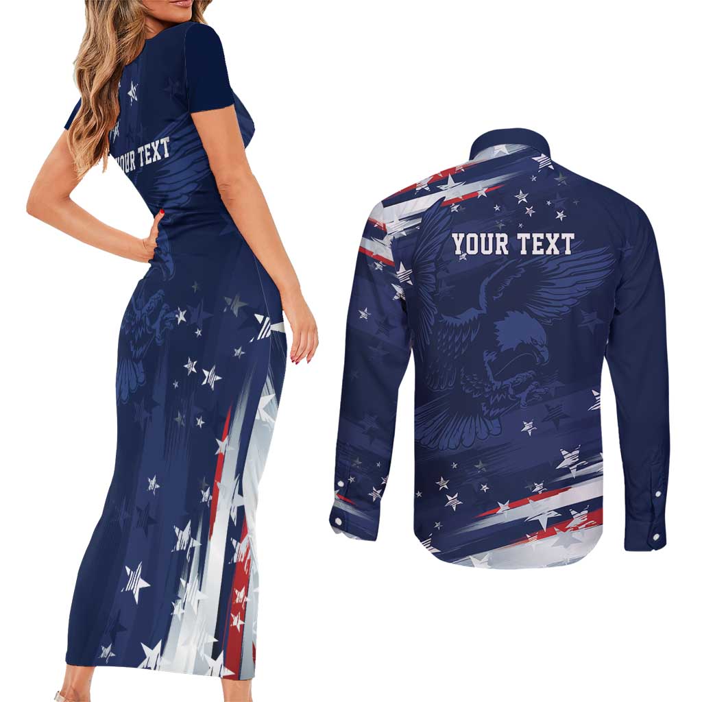 Personalized Fourth Of July USA Couples Matching Short Sleeve Bodycon Dress and Long Sleeve Button Shirt The Stars and Eagle