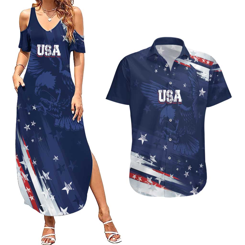 Personalized Fourth Of July USA Couples Matching Summer Maxi Dress and Hawaiian Shirt The Stars and Eagle