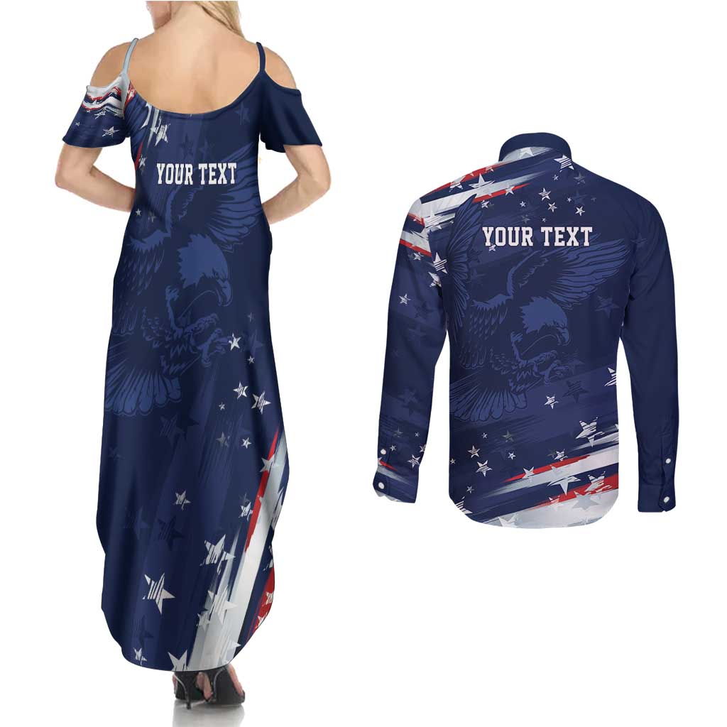 Personalized Fourth Of July USA Couples Matching Summer Maxi Dress and Long Sleeve Button Shirt The Stars and Eagle