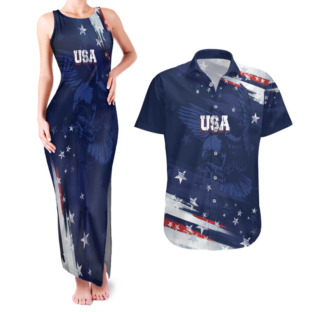 Personalized Fourth Of July USA Couples Matching Tank Maxi Dress and Hawaiian Shirt The Stars and Eagle