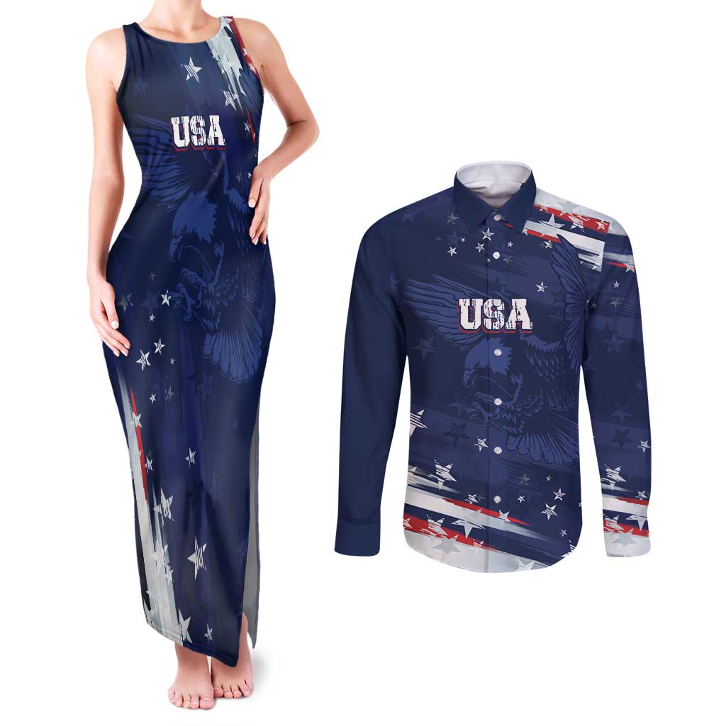 Personalized Fourth Of July USA Couples Matching Tank Maxi Dress and Long Sleeve Button Shirt The Stars and Eagle