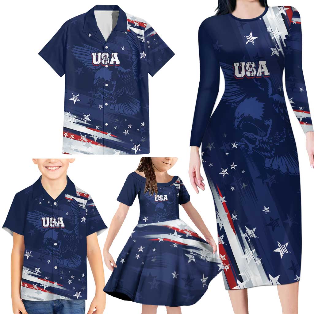 Personalized Fourth Of July USA Family Matching Long Sleeve Bodycon Dress and Hawaiian Shirt The Stars and Eagle