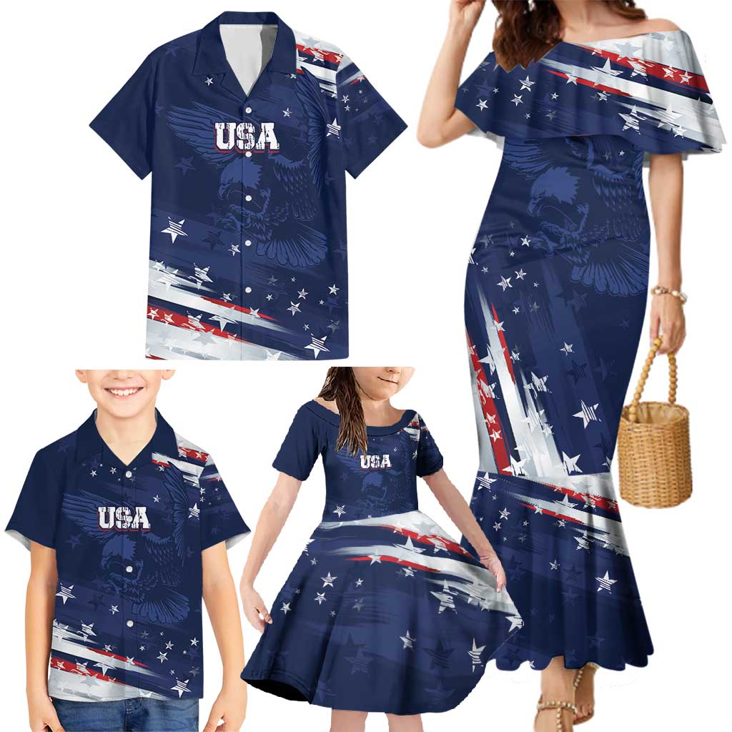 Personalized Fourth Of July USA Family Matching Mermaid Dress and Hawaiian Shirt The Stars and Eagle