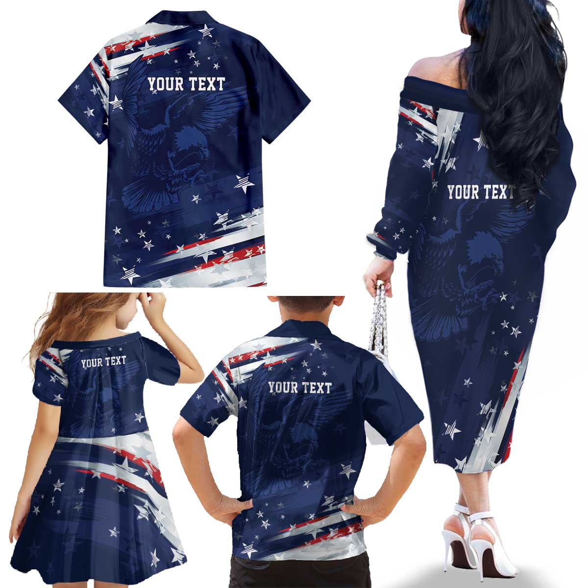 Personalized Fourth Of July USA Family Matching Off The Shoulder Long Sleeve Dress and Hawaiian Shirt The Stars and Eagle