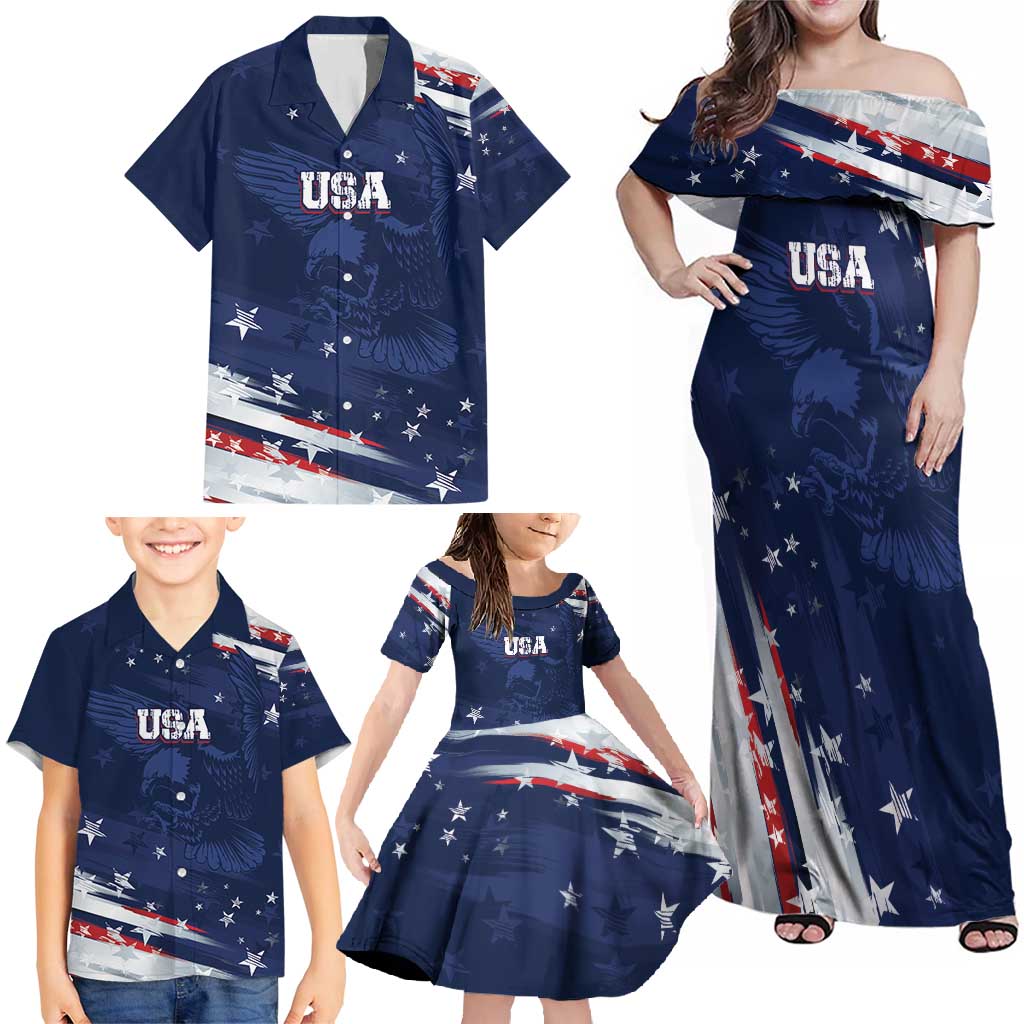 Personalized Fourth Of July USA Family Matching Off Shoulder Maxi Dress and Hawaiian Shirt The Stars and Eagle