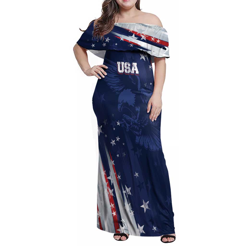 Personalized Fourth Of July USA Family Matching Off Shoulder Maxi Dress and Hawaiian Shirt The Stars and Eagle