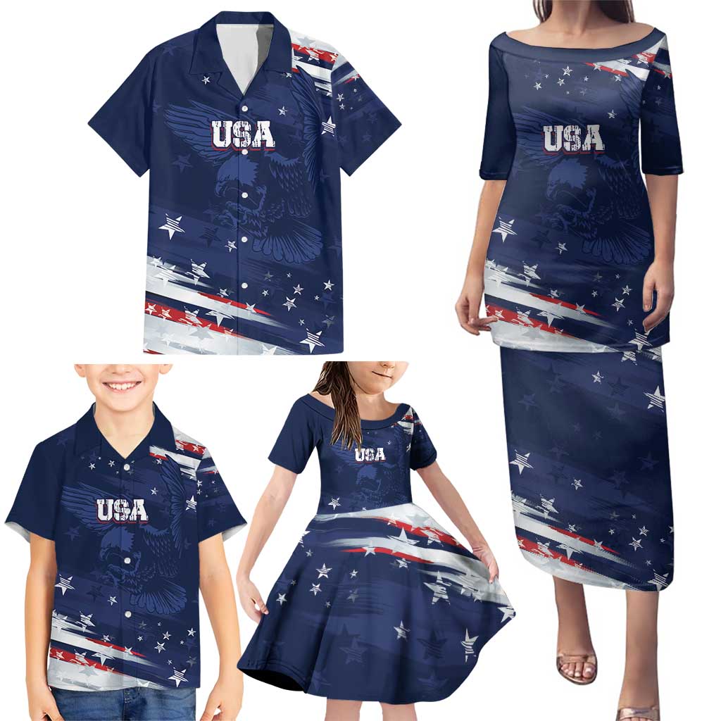 Personalized Fourth Of July USA Family Matching Puletasi and Hawaiian Shirt The Stars and Eagle