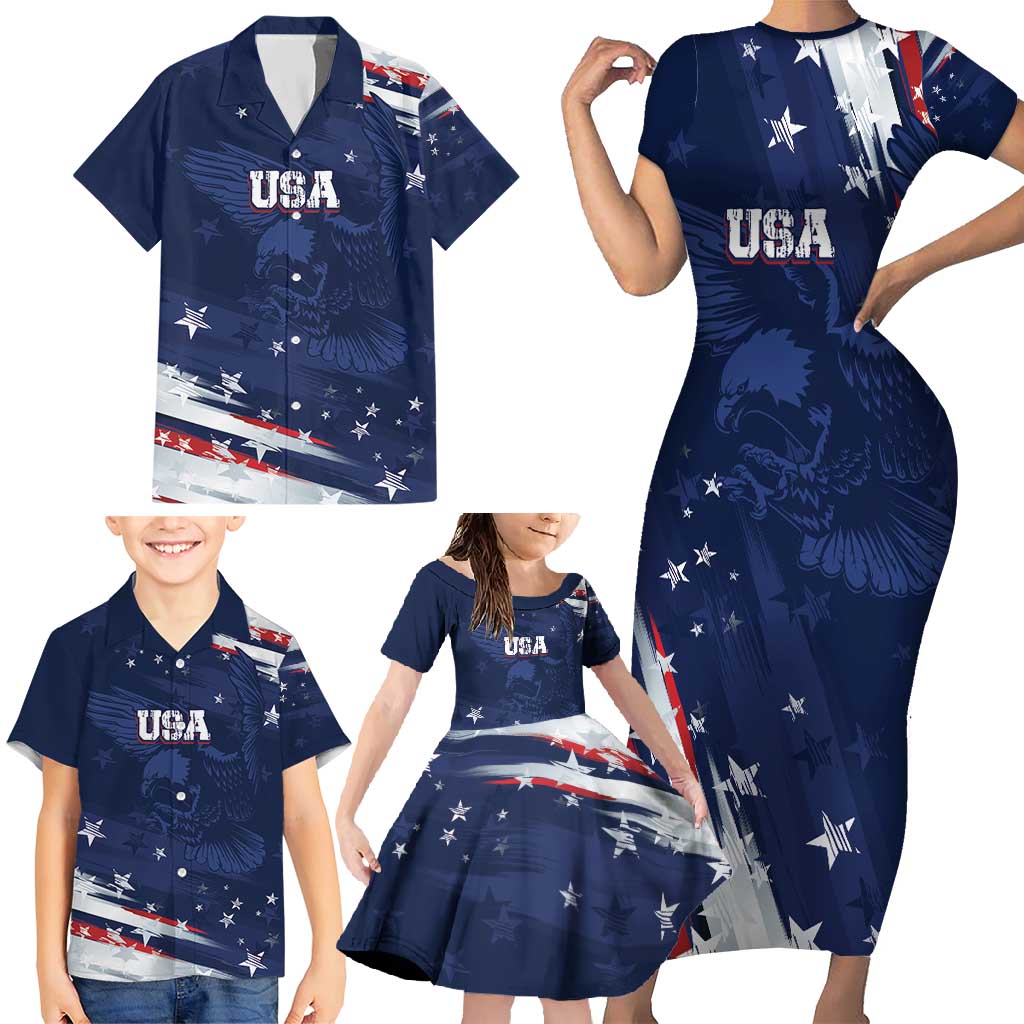 Personalized Fourth Of July USA Family Matching Short Sleeve Bodycon Dress and Hawaiian Shirt The Stars and Eagle