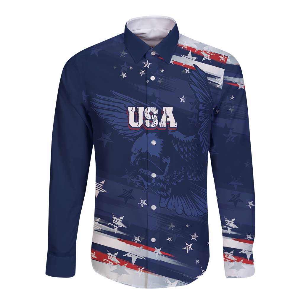 Personalized Fourth Of July USA Long Sleeve Button Shirt The Stars and Eagle