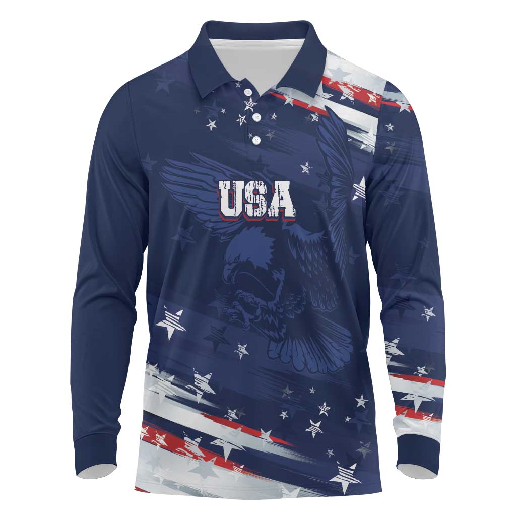 Personalized Fourth Of July USA Long Sleeve Polo Shirt The Stars and Eagle