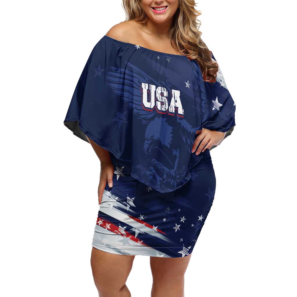 Personalized Fourth Of July USA Off Shoulder Short Dress The Stars and Eagle