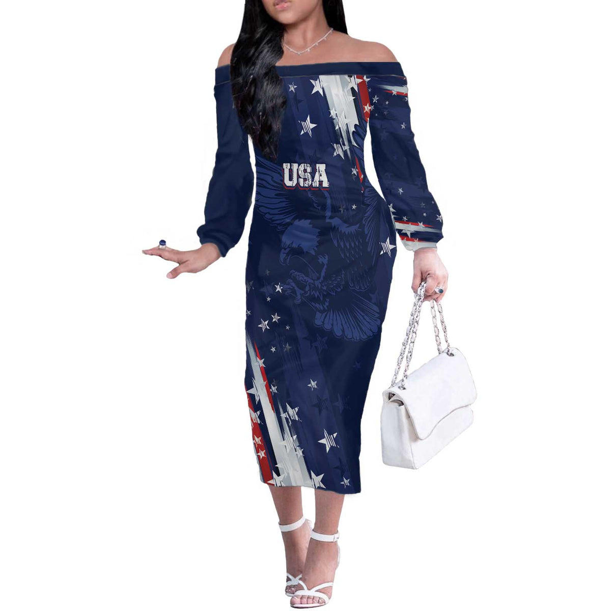 Personalized Fourth Of July USA Off The Shoulder Long Sleeve Dress The Stars and Eagle