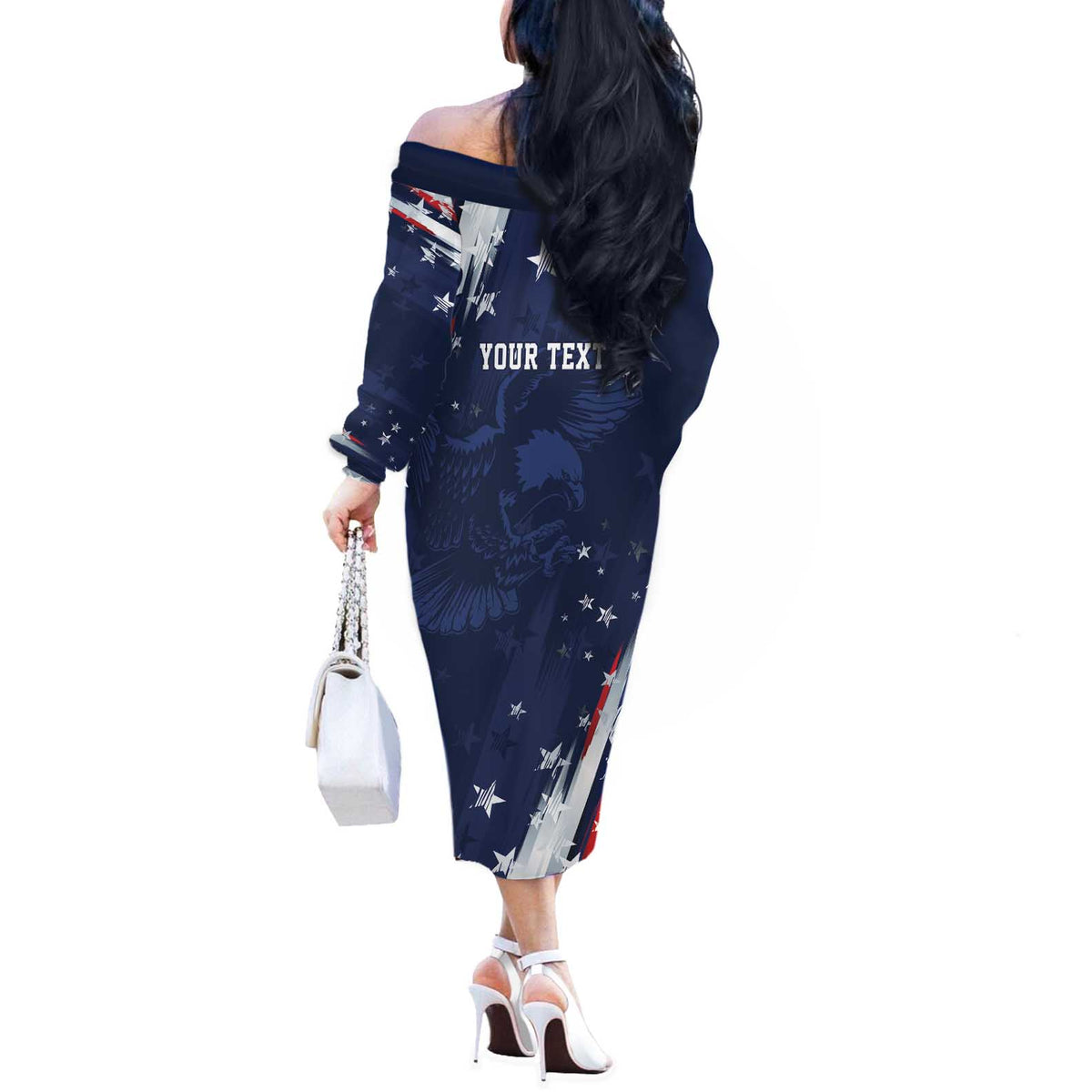 Personalized Fourth Of July USA Off The Shoulder Long Sleeve Dress The Stars and Eagle
