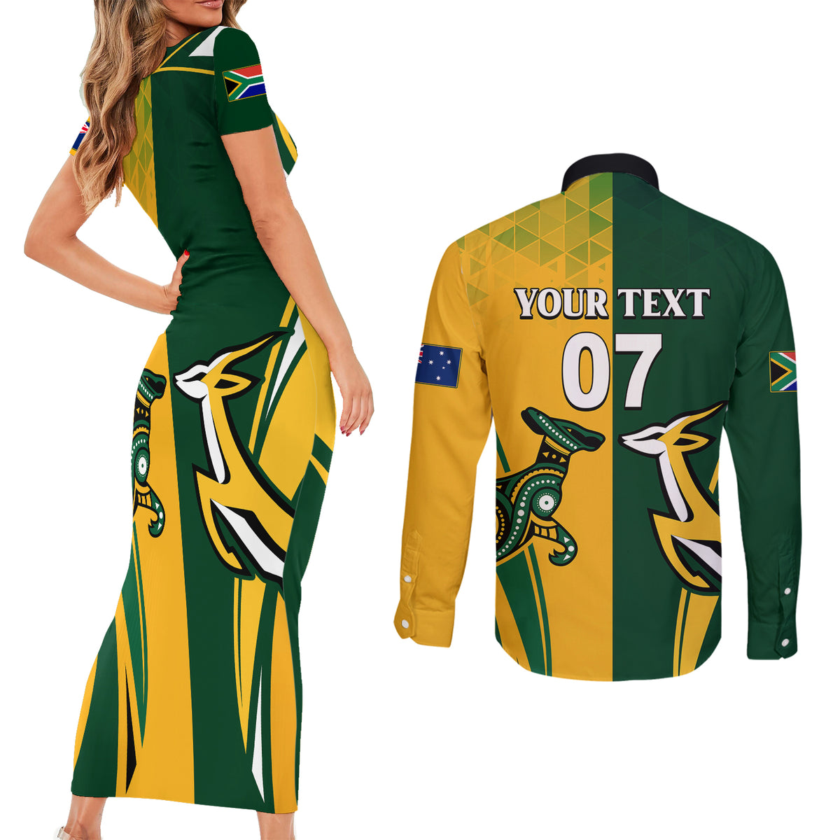 Personalised Australia Mix South Africa Rugby Couples Matching Short Sleeve Bodycon Dress and Long Sleeve Button Shirts Wallabies And Springboks - Champions Special Ver LT7 - Wonder Print Shop