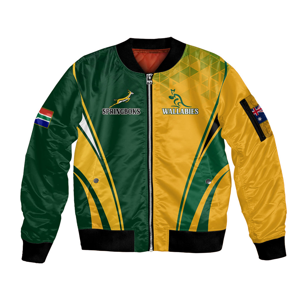 Personalised Australia Mix South Africa Rugby Sleeve Zip Bomber Jacket Wallabies And Springboks - Champions Special Ver - Wonder Print Shop