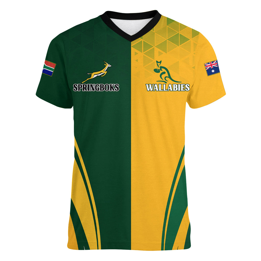 Personalised Australia Mix South Africa Rugby Women V Neck T Shirt Wallabies And Springboks - Champions Special Ver - Wonder Print Shop