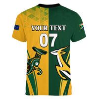 Personalised Australia Mix South Africa Rugby Women V Neck T Shirt Wallabies And Springboks - Champions Special Ver - Wonder Print Shop