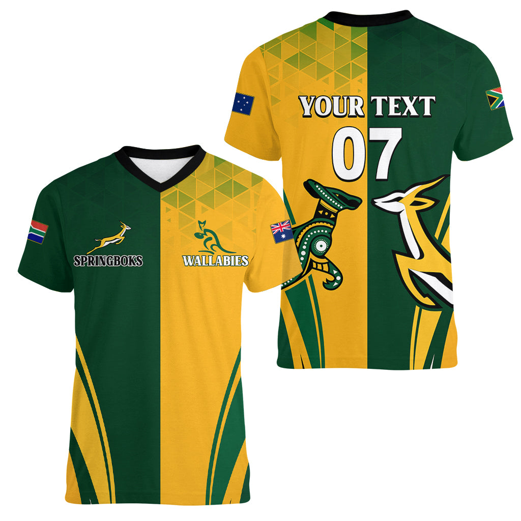 Personalised Australia Mix South Africa Rugby Women V Neck T Shirt Wallabies And Springboks - Champions Special Ver - Wonder Print Shop