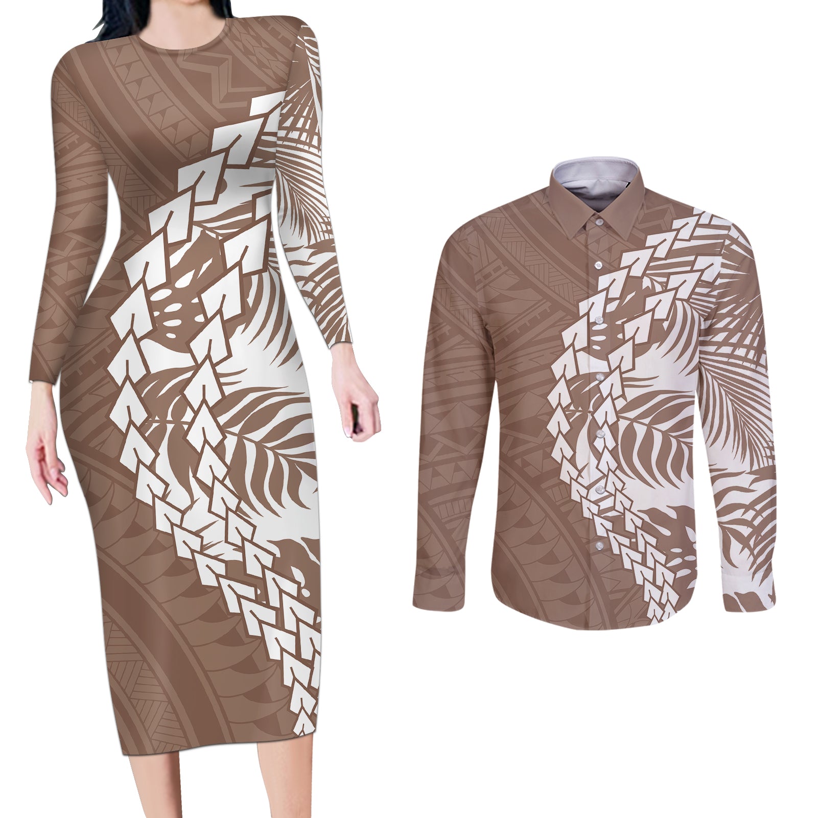 Polynesian Pride Couples Matching Long Sleeve Bodycon Dress and Long Sleeve Button Shirts Polynesia Tribal - Tropical Brown LT7 - Wonder Print Shop