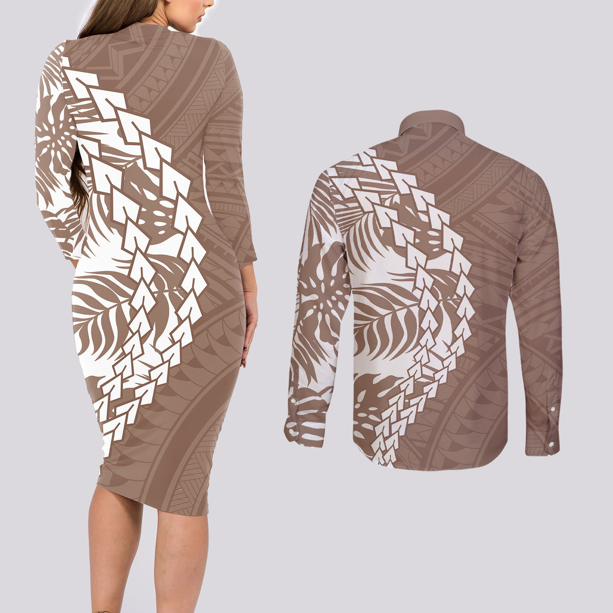Polynesian Pride Couples Matching Long Sleeve Bodycon Dress and Long Sleeve Button Shirts Polynesia Tribal - Tropical Brown LT7 - Wonder Print Shop
