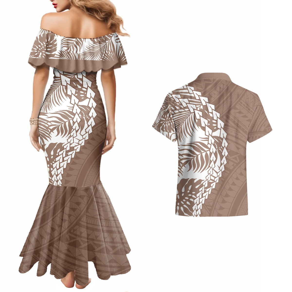Polynesian Pride Couples Matching Mermaid Dress And Hawaiian Shirt Polynesia Tribal - Tropical Brown LT7 - Wonder Print Shop