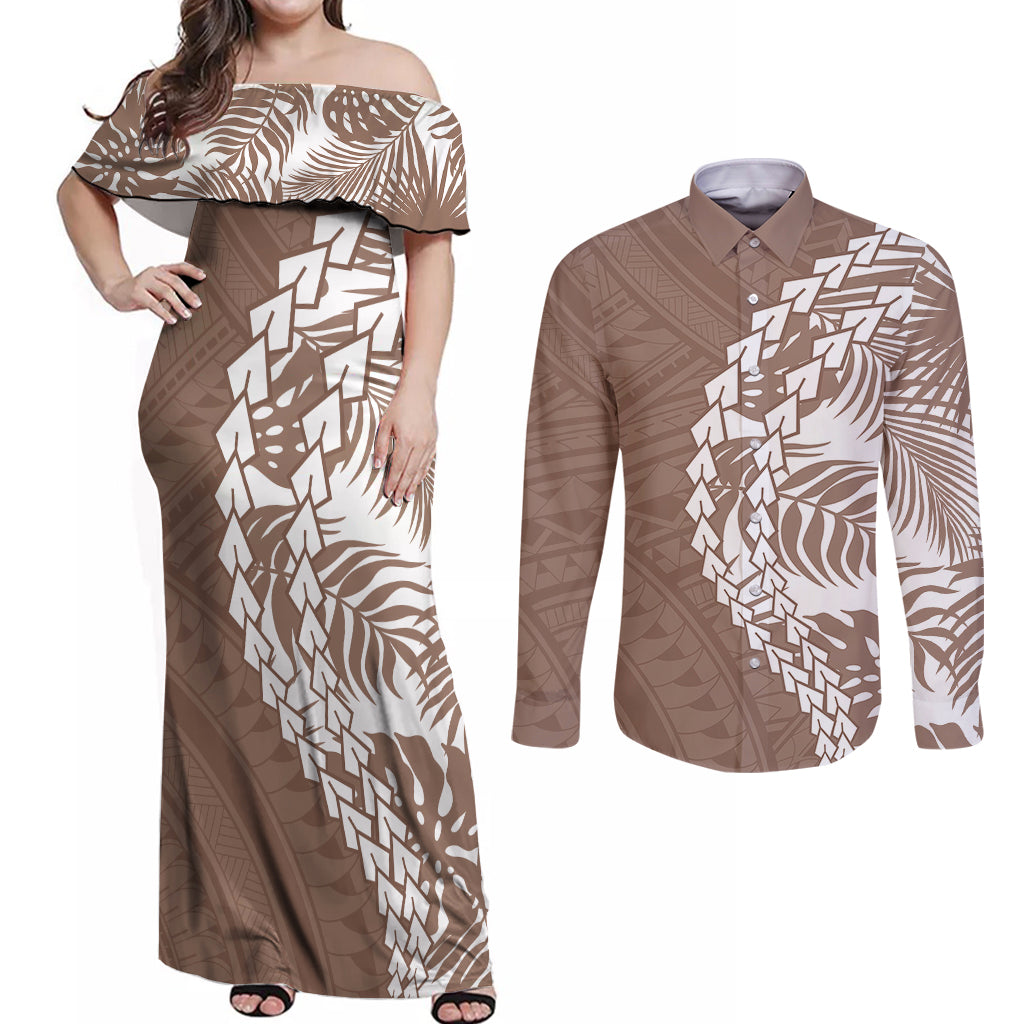 polynesian-pride-couples-matching-off-shoulder-maxi-dress-and-long-sleeve-button-shirts-polynesia-tribal-tropical-brown