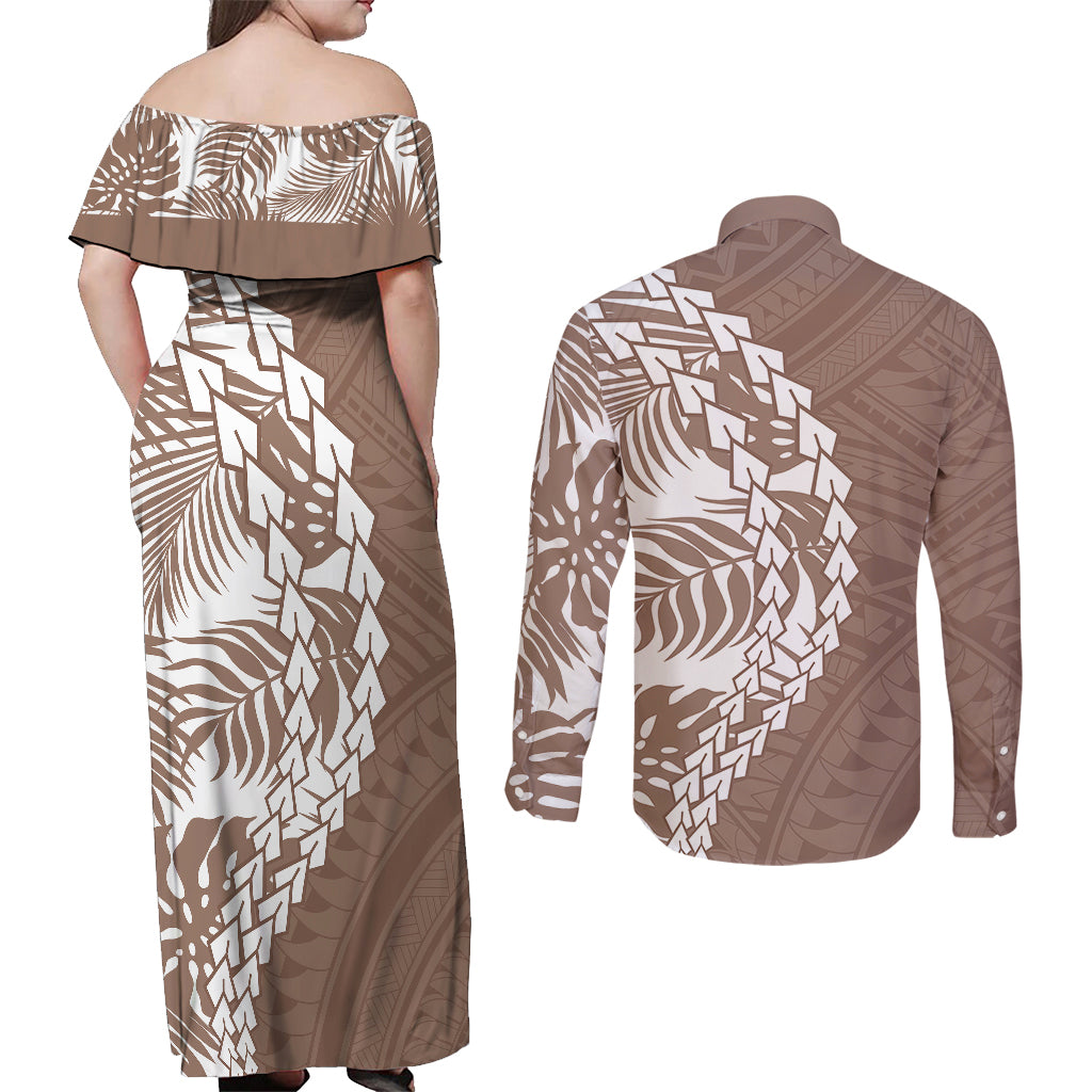 Polynesian Pride Couples Matching Off Shoulder Maxi Dress and Long Sleeve Button Shirts Polynesia Tribal - Tropical Brown LT7 - Wonder Print Shop