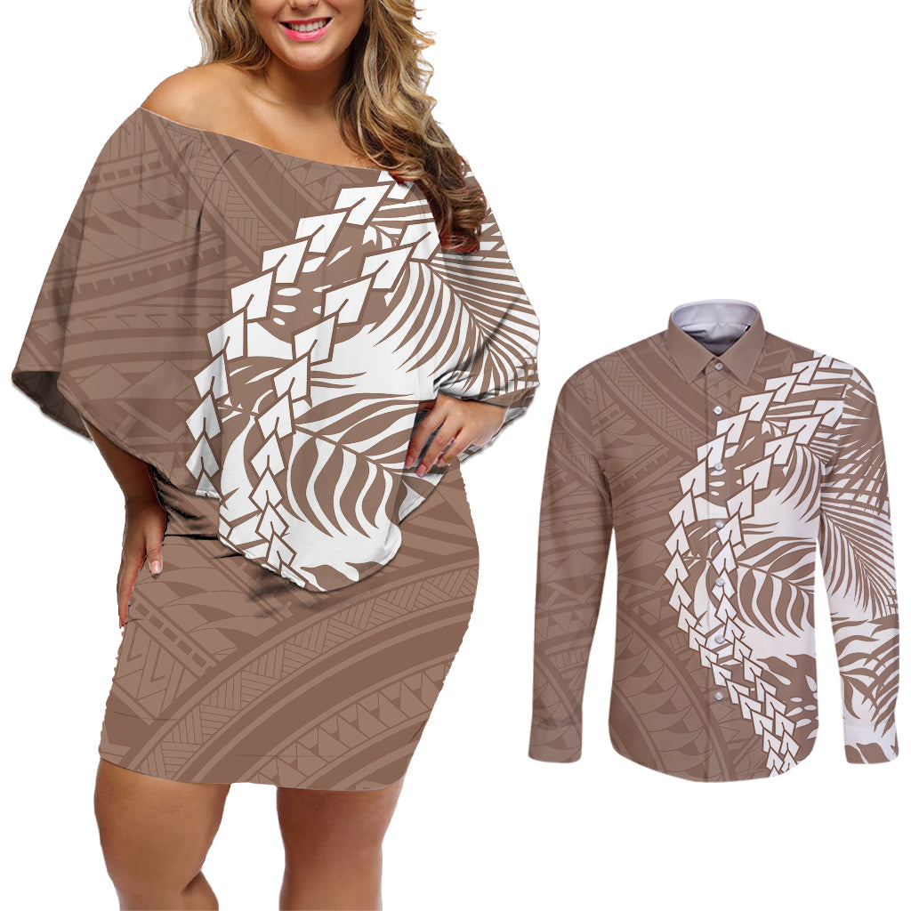 Polynesian Pride Couples Matching Off Shoulder Short Dress and Long Sleeve Button Shirts Polynesia Tribal - Tropical Brown LT7 - Wonder Print Shop