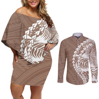 Couples matching brown tribal off-shoulder short dress and long-sleeve button shirt