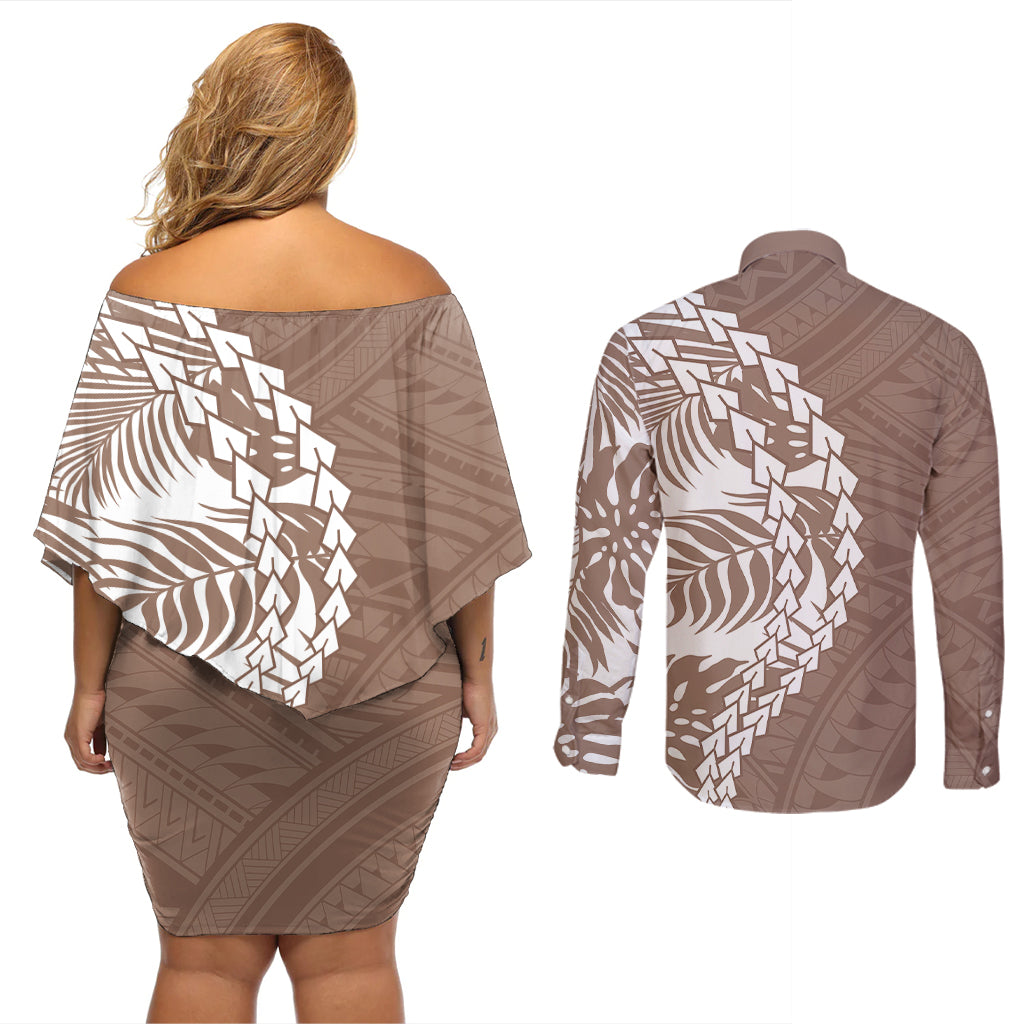 Couples matching brown tribal off-shoulder short dress and long-sleeve button shirt, back