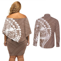 Couples matching brown tribal off-shoulder short dress and long-sleeve button shirt, back